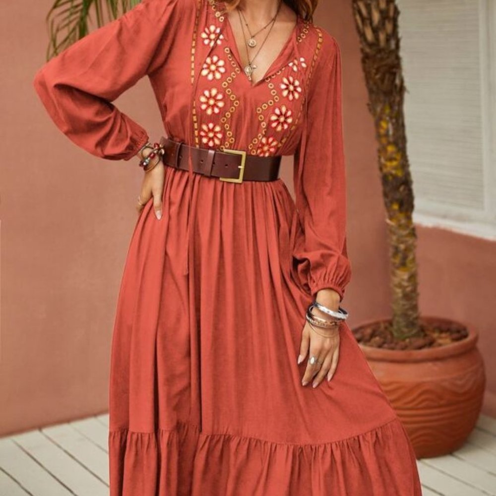 burnt Orange Flower Embroidered Ruffle Hem Dress - Picture 5 of 7